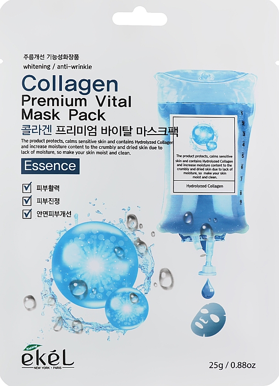 EKEL Collagen Premium Vital Mask Pack Антивозрастная тканевая маска для лица с коллагеном 25г
