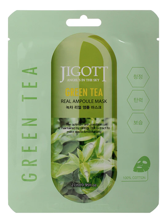 JIGOTT GREEN TEA REAL AMPOULE MASK Тканевая маска для лица с экстрактом зелёного чая 27мл