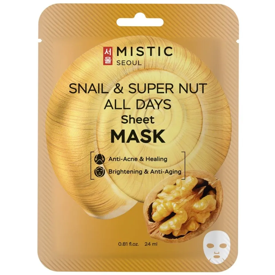 MISTIC SNAIL & SUPER NUT ALL DAYS Тканевая маска д/лица с муцином улитки и экстрактом ореха 24м
